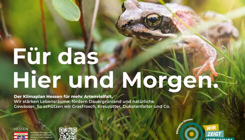 Plakat mit einer Naturlandschaft, das für den Klimaplan Hessen wirbt
