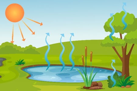 Illustration mit einer Sonne, die einen Teich austrocknet