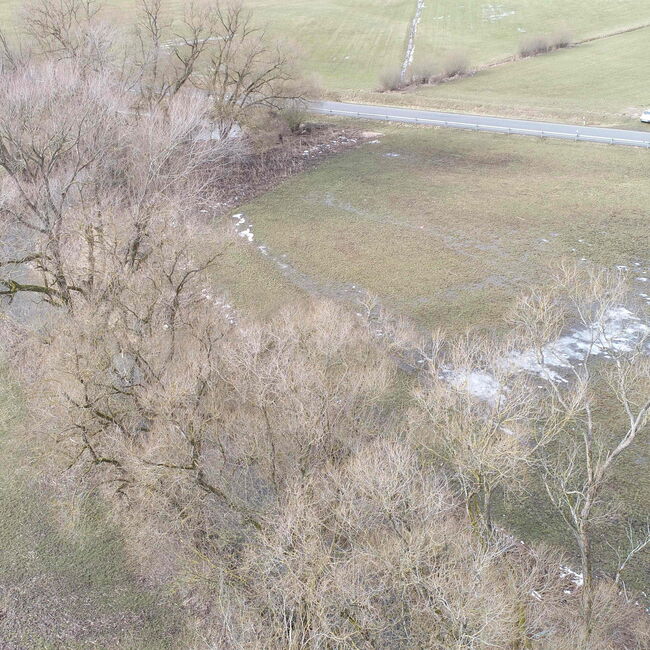 Luftbildaufnahme eines Bachlaufs mit gewässerbegleitenden Gehölzen und angrenzenden Feldern