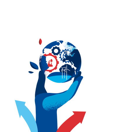 Illustration mit einer Hand, die eine Weltkugel hält