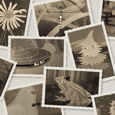 Auf dem Bild sind verschiedenen Klimaverlierer auf einem Bild in Sepa zu erkennen, wie beispielsweise der Grasfrosch, die Fichte oder die Arnika.