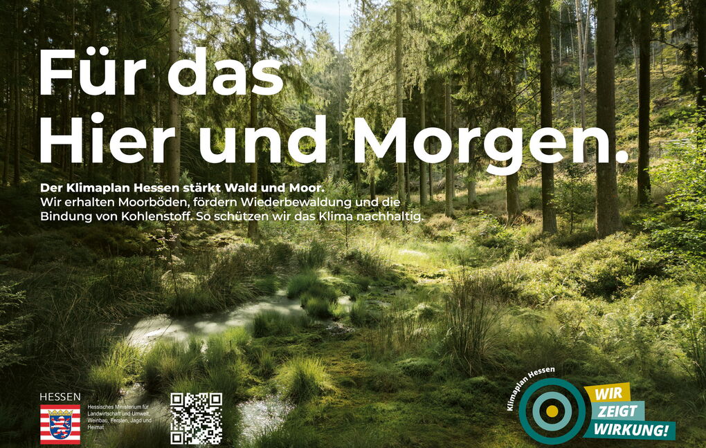 Plakat mit einer Naturlandschaft, das für den Klimaplan Hessen wirbt