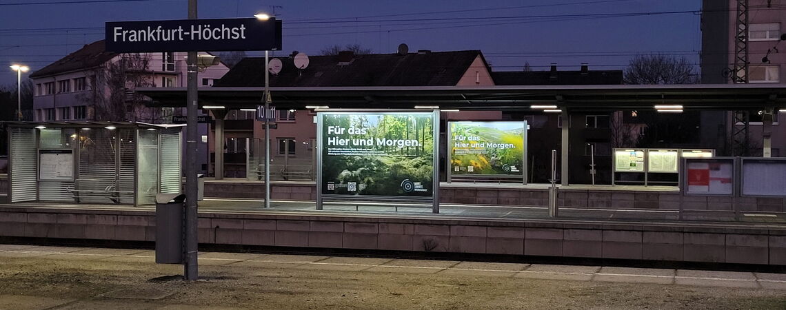 Foto mit Plakat an einer Straßenbahnhaltestelle